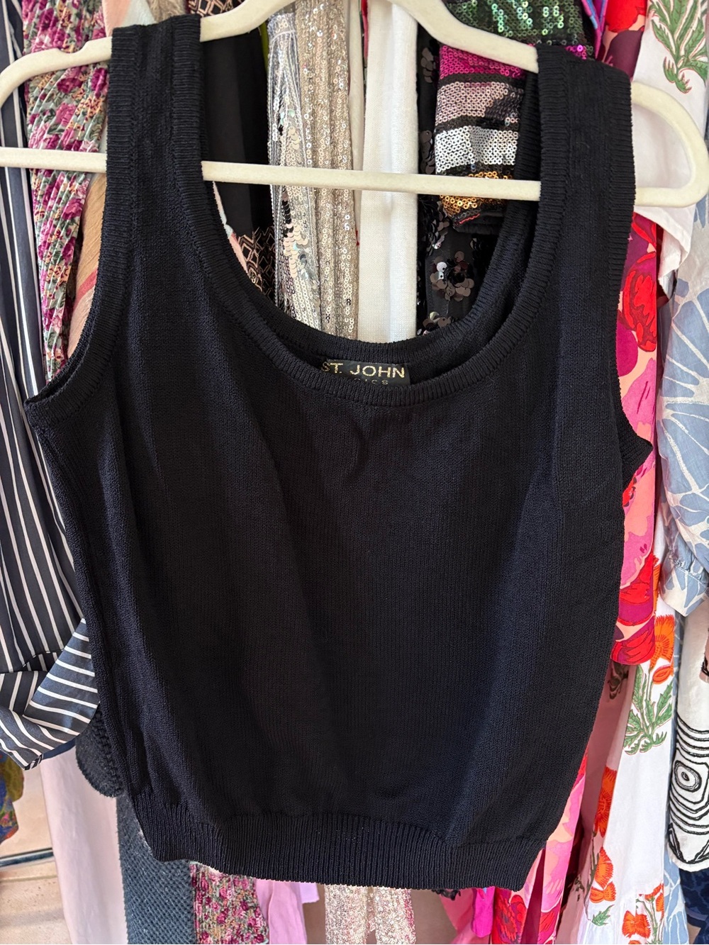 St. John Black Ribbed Scoop Neck Knit Tank